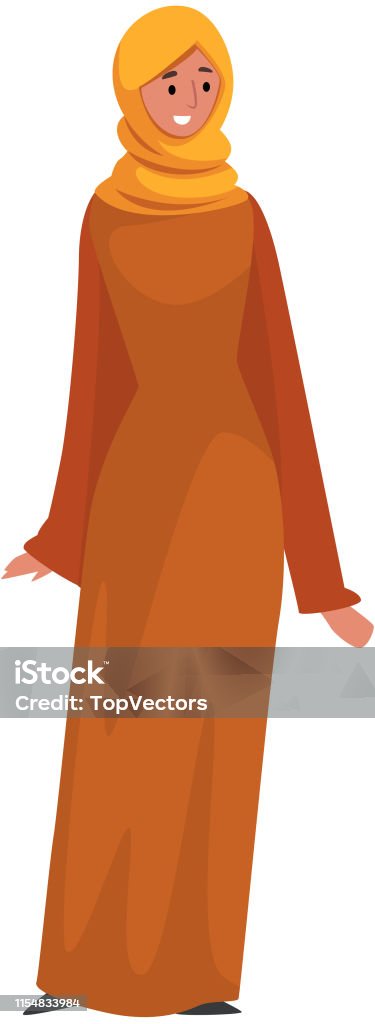 Beautiful Muslim Woman in Orange Dress and Hijab, Arab Girl in Traditional Clothes Vector Illustration Vector Illustration Beautiful Muslim Woman in Orange Dress and Hijab, Arab Girl in Traditional Clothes Vector Illustration Vector Illustration on White Background. Adult stock vector