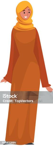 Beautiful Muslim Woman In Orange Dress And Hijab Arab Girl In Traditional Clothes Vector Illustration Vector Illustration Stock Illustration - Download Image Now