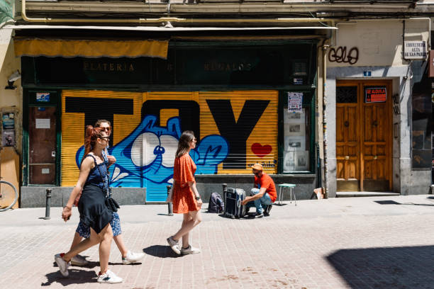 Madrid, Spain - June 9, 2019: Cityscape of Malasana district in Madrid. Malasana is one of the trendiest neighborhoods in the city