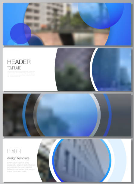 The minimalistic vector illustration of the editable layout of headers, banner design templates. Creative modern blue background with circles and round shapes. The minimalistic vector illustration of the editable layout of headers, banner design templates. Creative modern blue background with circles and round shapes header footer template stock illustrations