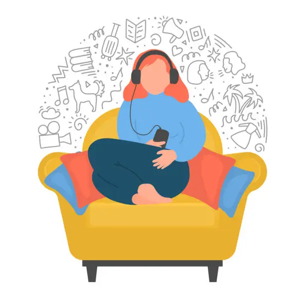 Vector illustration of Woman listening podcasts, online training, music, or online radio.