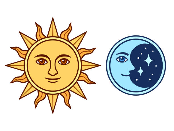 ilustraciones, imágenes clip art, dibujos animados e iconos de stock de sol y luna con cara - cara antropomórfica ilustraciones