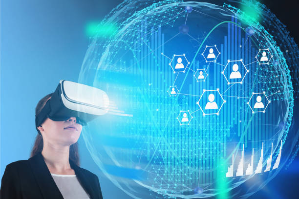istock Woman in VR headset looking at social network 1154839426