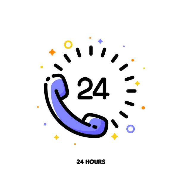 Icon of telephone handset with number 24 as 24-hours open customer service or express delivery for help and support concept. Flat filled outline style. Pixel perfect 64x64. Editable stroke Icon of telephone handset with number 24 as 24-hours open customer service or express delivery for help and support concept. Flat filled outline style. Pixel perfect 64x64. Editable stroke toll free stock illustrations