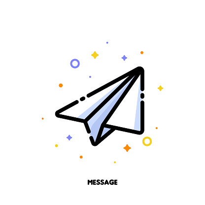 Icon of flying paper plane which symbolizes text message for help and support concept. Flat filled outline style. Pixel perfect 64x64. Editable stroke