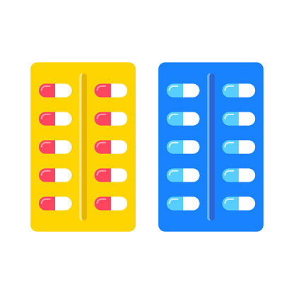 Pills in a blister pack. Medicine capsules packed in blisters. Medical treatment, cure, medication, tablets, drugs. Flat design. Vector illustration