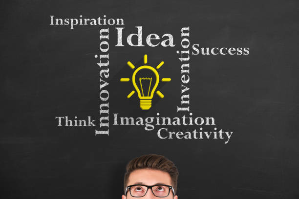 istock Thinking human with new idea light bulb in bubble on chalkboard background 1154840666