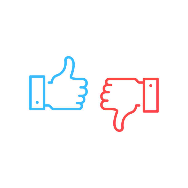 Like and dislike icons. Blue thumbs up and red thumbs down button. Simple linear outline style graphic elements. Social network, unlike, yes, recommend, good review, feedback concepts. Vector line icons set isolated on white background Like and dislike icons. Blue thumbs up and red thumbs down button. Simple linear outline style graphic elements. Social network, unlike, yes, recommend, good review, feedback concepts. Vector line icons set isolated on white background thumb stock illustrations