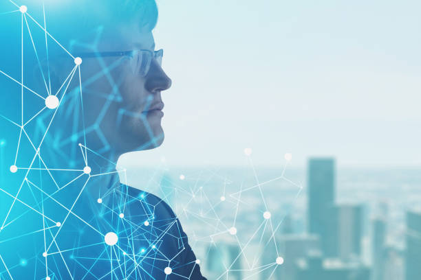 istock Man in glasses in city, conncetion interface 1154840722