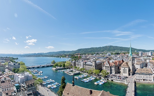 Panoramic city view of Zürich in Switzerland taken from Grossmünster cathedral