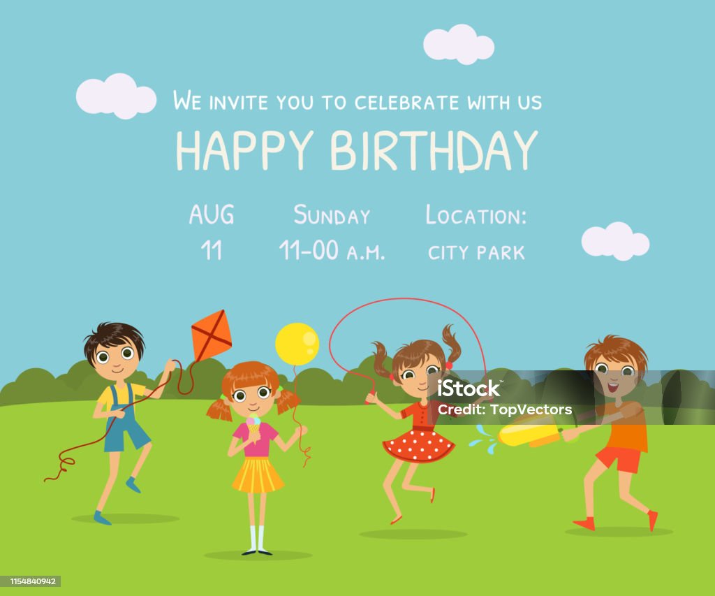 Happy Birthday Invitation Card With Cute Little Kids In Nature ...