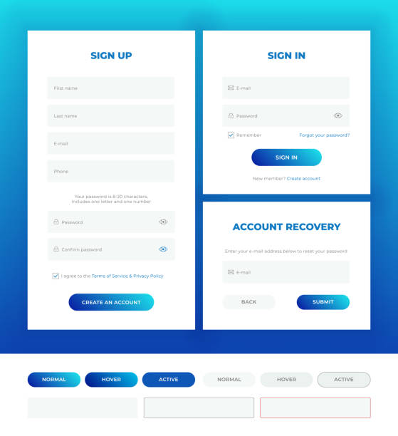 zaloguj się, zarejestruj się, odzyskaj konto. formularze logowania z elementami internetowymi w innym stylu. - internet page site stock illustrations