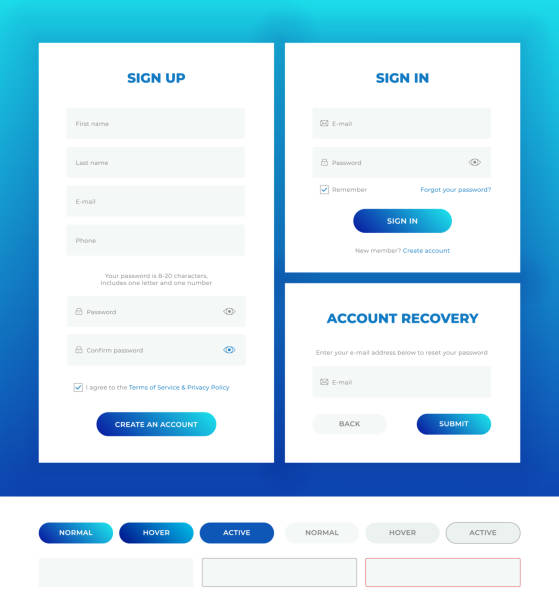 Sign in, sign up, account recovery. Login forms with web elements in different style. Sign in, sign up, account recovery. Login forms with web elements in different style. Material design template. UI/UX. web templates stock illustrations