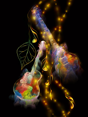 Abstract guitar and music note outlines fused with fractal paint on the subject of music, song and performance arts.