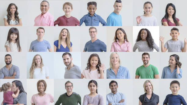 Grid of portraits featuring smiling ethnically diverse people of various ages Grid of headshots of diverse people. The individuals featured range in age from children to seniors. The happy people are dressed in casual clothing. Image represents diversity, equality and global community. different families stock pictures, royalty-free photos & images