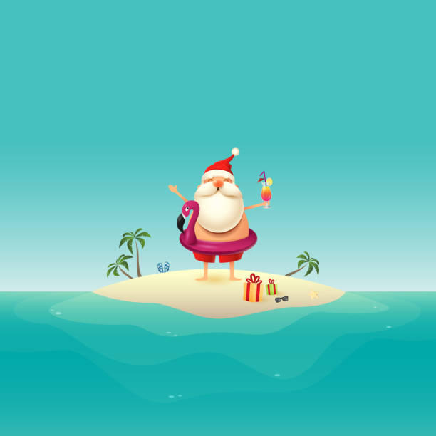 Santa Claus on sandy island at ocean with inflatable flamingo float Santa Claus on sandy island at ocean with inflatable flamingo float pool break stock illustrations