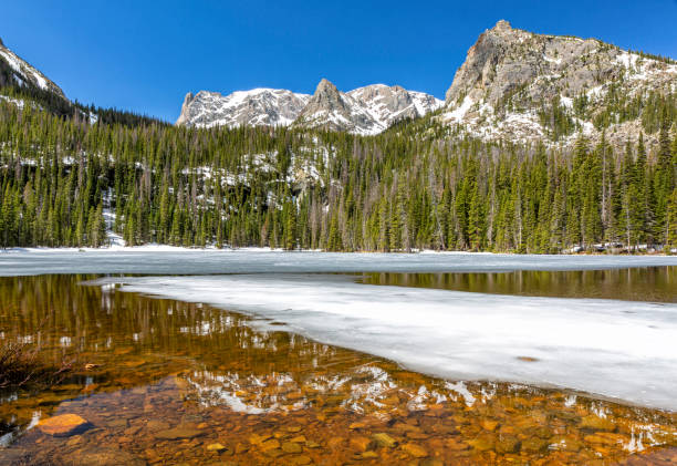 Fern Lake Half Frozen Reflections Thatchtop and Gabletop Mountains reflected in thawing Fern Lake in Rocky Mountain National Park, Estes Park, Colorado. colorado rocky mountain national park lake mountain stock pictures, royalty-free photos & images