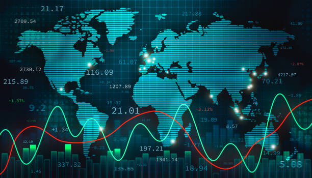 stockowa ilustracja walutowa lub forex z mapą świata, infografikami i liczbami. międzynarodowe finansowanie, handel i koncepcja gospodarki. - international stock illustrations