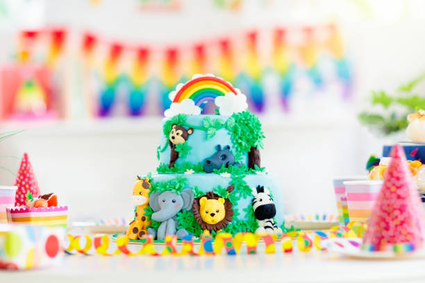 istock Kids birthday cake. Child jungle theme party. 1154858192