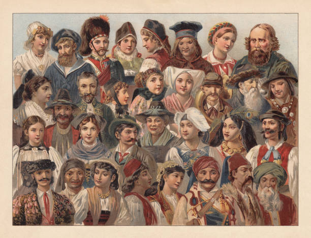 The peoples of Europe: 1) Dutch; 2) English (sailor); 3) Scottish; 4) Swedish (Dalarna); 5) Norwegian 6) Lapp; 7) Swedish 8) Russian; 9) French (South France); 10) French (Paris); 11) German (Schwarzwald); 12) German (Thuringia, Alteberg); 13) German (Slav); 14 Czech/Bohemian; 15) Polish jew; 16) Slovak 17) Swiss; 18) South Tyrolean (Salten); 19) Alsatian; 20) German (Bavaria); 21) Tyrolean (Zillertal); 22) Slovenian (Gailtal); 23) Gypsy; 24) Hungarian (Csikós); 25) Spanish (torero); 26) Italian (Sicily); 27) Italian (Naples); 28) Greek; 29) Serbian; 30) Bulgarian; 31) Albanian; 32) Turk. Chromolithograph, published in 1895.