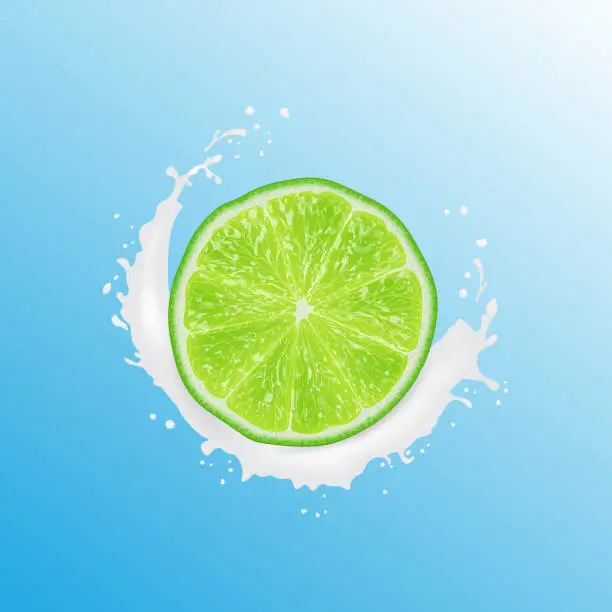 Vector illustration of Realistic 3d   Illustration. Sliced lime. Milk juice splash. Colourful citrus background.