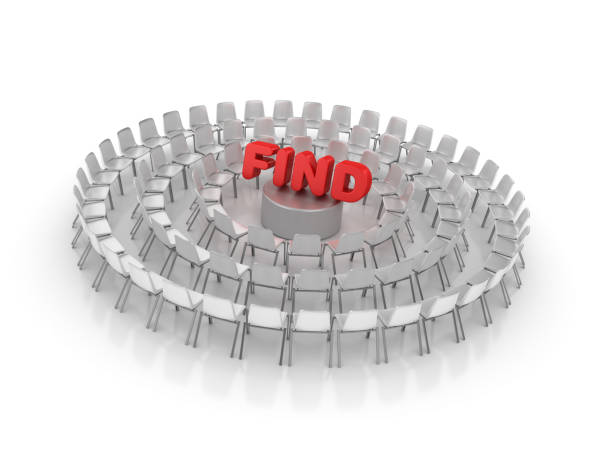 istock Circle of Chairs with FIND Word - 3D Rendering 1154864291