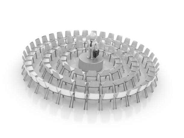 istock Circle of Chairs with Business Character - 3D Rendering 1154864299