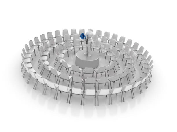 istock Circle of Chairs with Business Character with Megaphone - 3D Rendering 1154864303