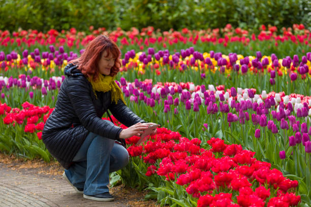 istock woman near blooming tulips 1154872590