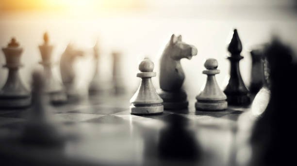 체스 판에 나무 체스 조각. - chess knight 뉴스 사진 이미지