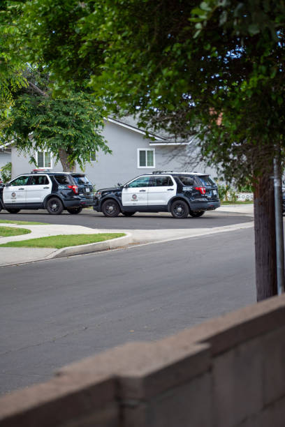 northridge, ca / united states -  may 27, 2019: lapd patrol units respond to brandishing/adw call in suburban neighborhood with mulitple police cars. - northridge imagens e fotografias de stock