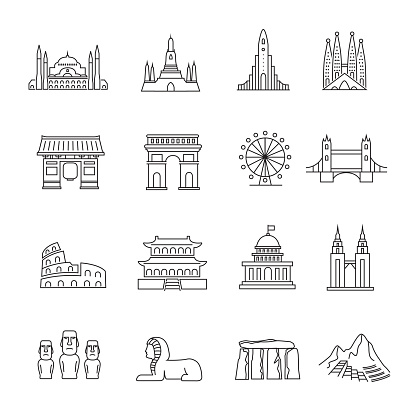 Travel landmarks line icon, santa sophia istanbul, wat arun bangkok, hallgrimskirkja church reykjavik, sagrada familia barcelona, asakusa temple tokyo, arc de triomphe paris,london eye, london bridge, colosseum rome, forbidden city beijing, white house, twin tower malaysia, rapa nui, sphinx egypt, stonehenge, machu picchu