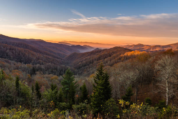 그레이트 스모키 마운틴 내셔널 파크 - great smoky mountains great smoky mountains national park panoramic sunrise 뉴스 사진 이미지