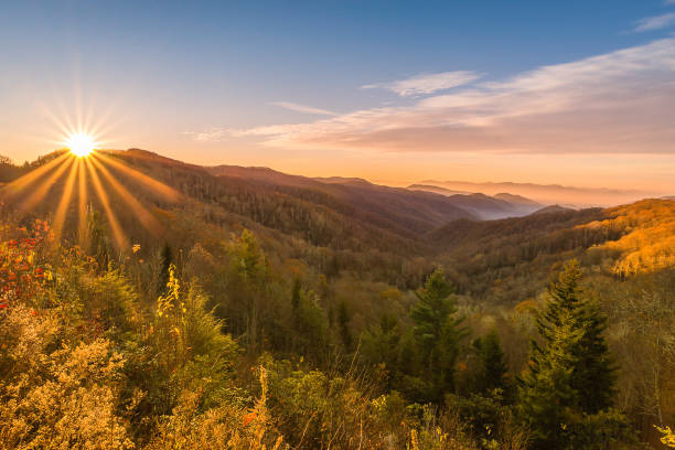 그레이트 스모키 마운틴 내셔널 파크 - great smoky mountains great smoky mountains national park panoramic sunrise 뉴스 사진 이미지