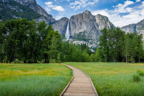 Yosemite National Park Hiking through Yosemite Valley and the heart of Yosemite National Park during a vibrant spring. yosemite falls stock pictures, royalty-free photos & images