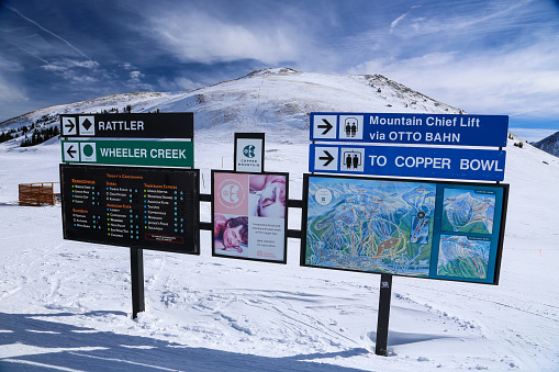 Black diamond expert downhill ski sign at Copper Mountain, Colorado December 30, 2018
