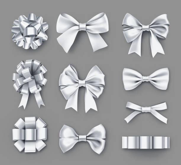 Pretty white gift bows with ribbons Pretty white gift bows with ribbons. Wedding ceremony decor isolated on grey background. Realistic decoration for best man invitation. Different elegant objects from silk vector illustration. hair bow stock illustrations