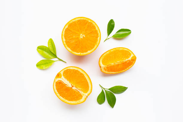 istock High vitamin C. Fresh orange citrus fruit with leaves isolated on white. 1154890194