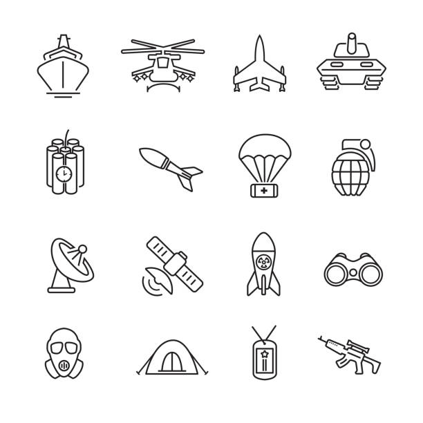 Army and Military thin line icons Army and Military thin line icons, Set of 16 editable filled, Simple clearly defined shapes in one color. weapons of mass destruction stock illustrations
