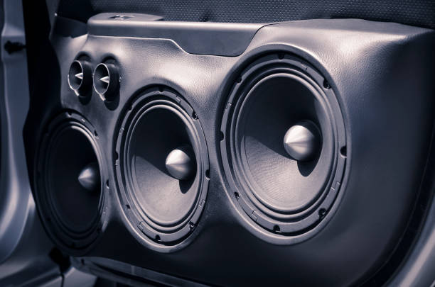 car audio system speakers in the opened door. - land vehicle audio imagens e fotografias de stock