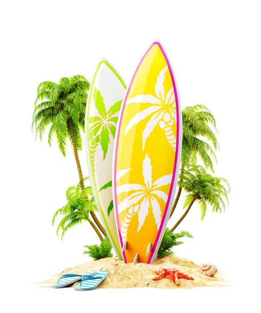 surf boards on paradise island - beautiful blue sport vertical imagens e fotografias de stock