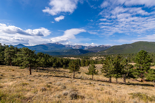 Distant view of Boulder, Colorado with The Flatirons and Long's Peak behind.