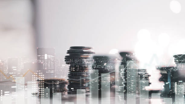 double exposure of city view. diagram graph and rows of money coins for finance , money , investment and business concept background - coin bank imagens e fotografias de stock