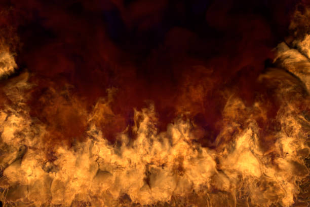 istock Flames from both picture corners and bottom - fire 3D illustration of flaming fire, half frame with scary dark smoke isolated on black background 1154906895