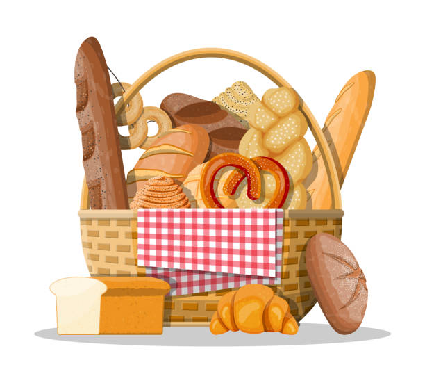 ilustrações, clipart, desenhos animados e ícones de ícones do pão e cesta de vime. - bread food basket sweet bun