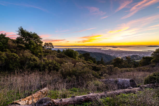 Sunset from Grizzly Peak A colorful sunset over the San Francisco Bay Area from Grizzly Peak in the Berkeley Hills. west marin stock pictures, royalty-free photos & images