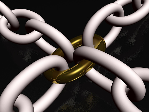 Grey chain with gold link, black background, 3D illustration.