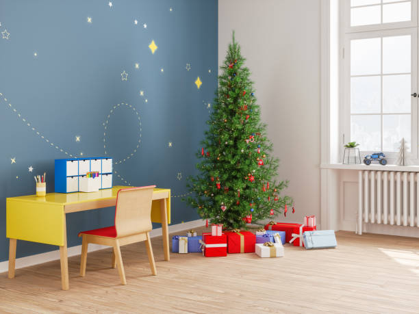istock Christmas tree with presents in child room 1154913436