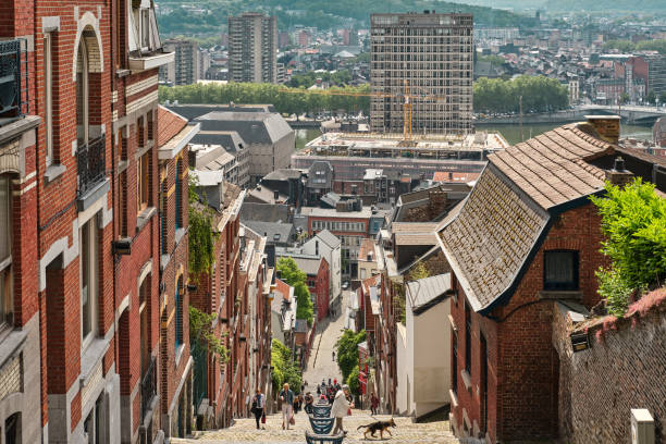 View of the famous Montagne de Bueren, Liège Belgium Liège, Belgium - June 9, 2019: Some tourists visit the Montagne de Bueren that with its 374 steps is listed in the top 10 of memorable stairs in the world. liege belgium stock pictures, royalty-free photos & images