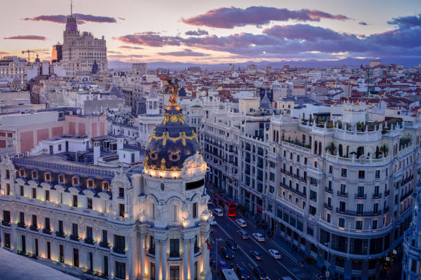 Downtown areal view of Madris from the Circulo de Bellas Artes at sunset with colourful sky. Madrid, Spain stock photo